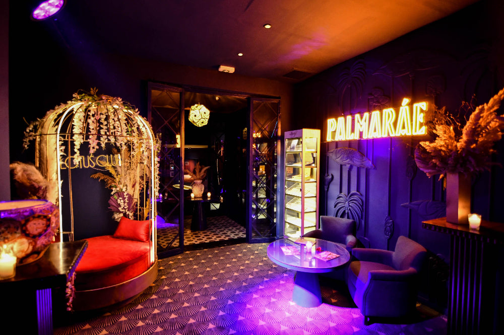 Soft golden PALMARÁE Gin brand neon sign adding ambience to a restaurant interior